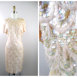 Stretchy Beaded Fringe Dress / Iridescent Pastel Pink Peach Fully Embellished Sequined Beaded Dress