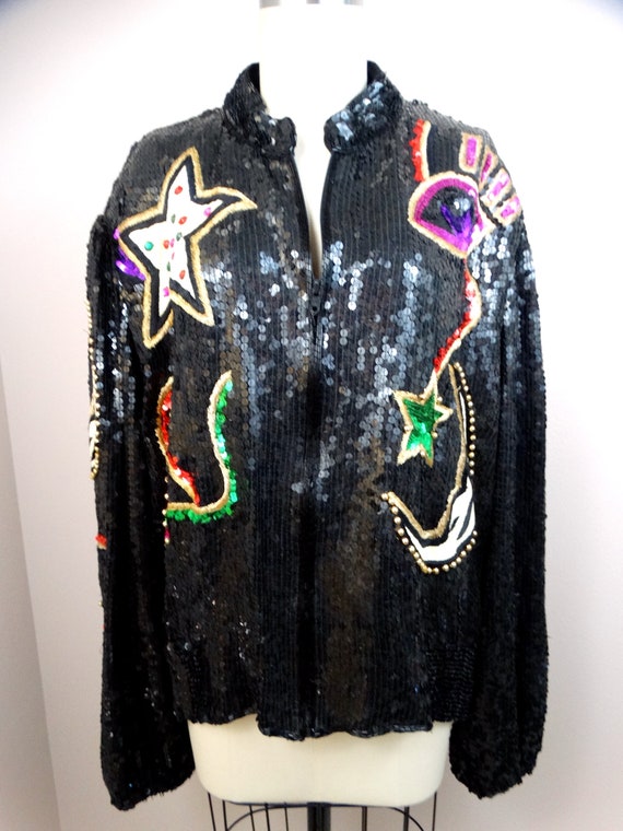 Moon & Stars Jewel Beaded Sequin Coat / Vintage S… - image 5