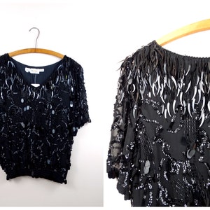 S/M Cattail Fringe Sequin Top // Black Paillette Sequined Dolman Blouse