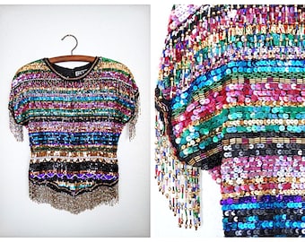 80er Jahre Fransen Perlen Pailletten Bluse / Stark verziertes auffälliges Top / Bunt Fettes Art Deco gestreiftes Pailletten Party Top