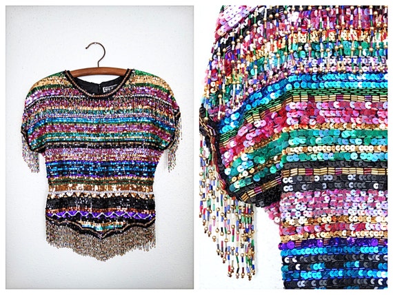 VTG Fringe Beaded Sequined Blouse // Heavily Embe… - image 1