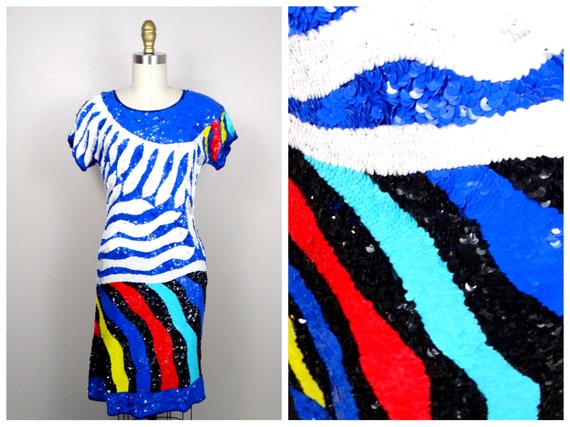 S/M Funky Sequin Dress / Neon Blue Red Yellow and… - image 4