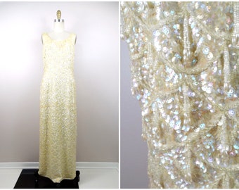 50s Cream Sequined Fringe Beaded Dress / 1950s 1960s Iridescent Yellow Sequin Embellished Gown / 50’s Bombshell Yellow Wedding Dress