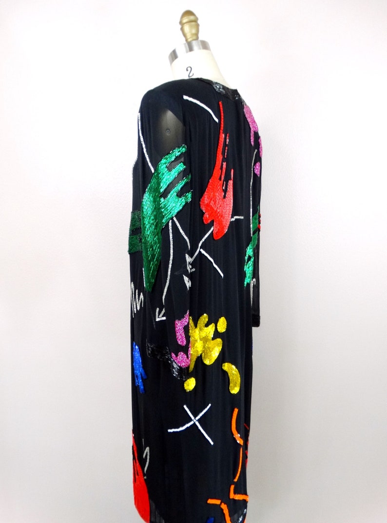 90s Abstract Art Beaded Silk Dress // Hand Embellished Cocktail Dress // Vintage Handmade Party Dress image 4