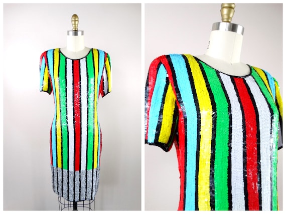 S/M Neon Striped Sequined Dress // Bright Stripes… - image 1