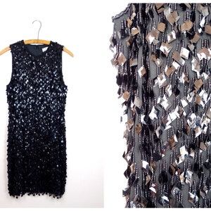 S/M Paillette Sequin Fringe Beaded Dress // Fully Beaded Black Sequined Dress // Little Black Party Dress