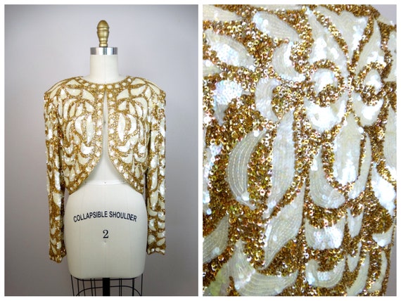 80s Couture Beaded Sequin Bolero Shrug // Iridesc… - image 6
