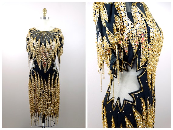 Sheer Peekaboo Beaded Fringe Dress Black and Gold Art Deco Dress