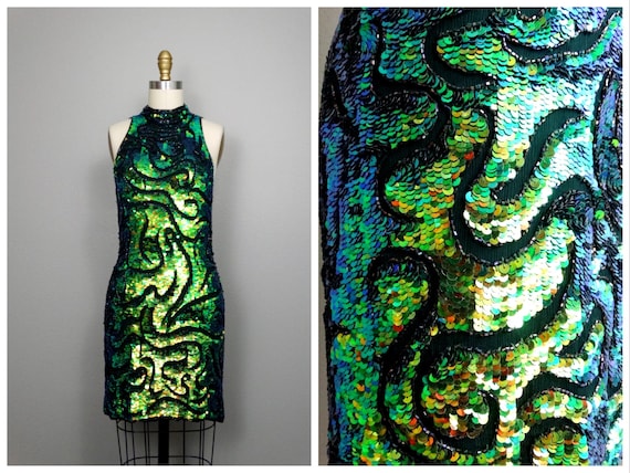 Iridescent Chameleon Sequin Dress // Mermaid Green Blue | Etsy