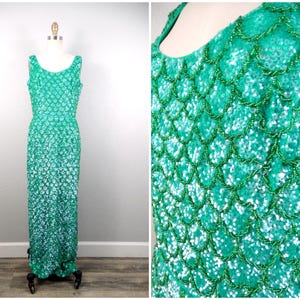 60s Beaded Bright Green Sequined Bombshell Gown / 1950s 1960s Emerald Sequin Embellished Full Length Dress