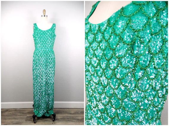 1960s Sequin Beaded Gown - Emerald Green Bombshell Dress - Etsy Israel