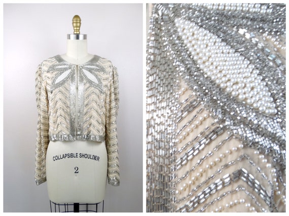 Vintage Pearl Beaded Bolero // Cream Silk Silver … - image 1