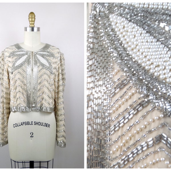 Vintage Pearl Beaded Bolero // Cream Silk Silver Bead Embellished Cropped Jacket