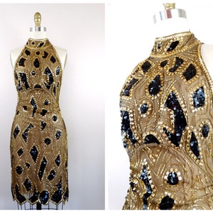 Bob Mackie Couture Beaded Sequin Mini Dress / Black & Gold Sequined Art Deco Dress / Vintage Beaded Sequin Embellished Dress