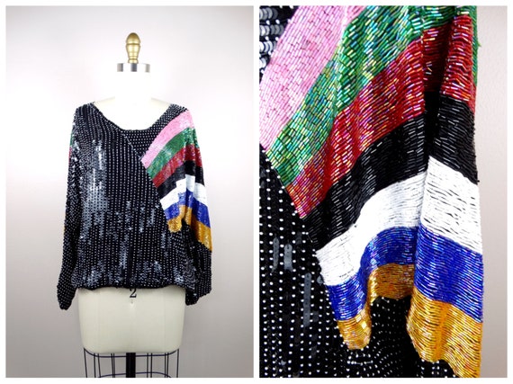 VTG Retro Beaded Blouse • Heavily Sequined Top • W