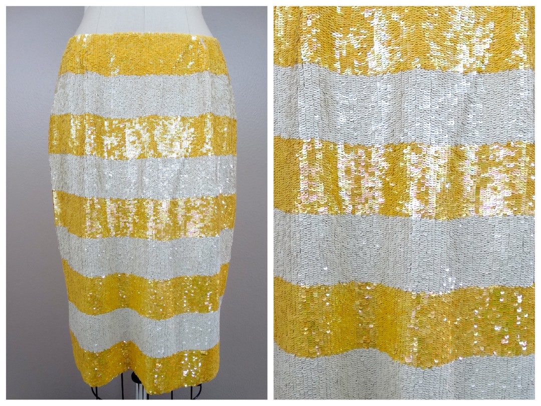 Fully Sequined Skirt / Bright Yellow and White Striped Sequin Etsy