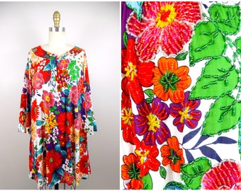 70s Tropical Floral Beaded Mini Dress // Retro Vintage Tunic Babydoll Dress // Bright Embellished Long Sleeved Kaftan Dress