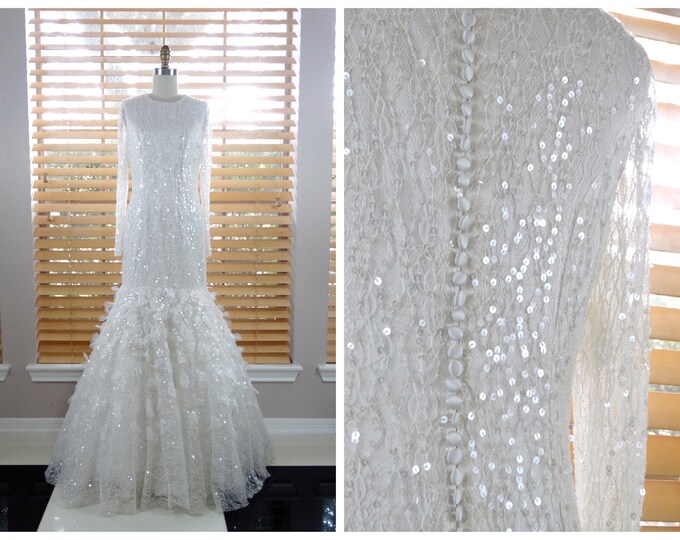 Vintage Sequined Lace Wedding Gown // Sheer Sequin Embellished Etsy