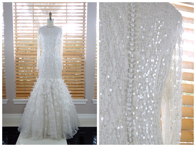 Vintage Sequined Lace Wedding Gown Sheer Sequin Embellished Etsy
