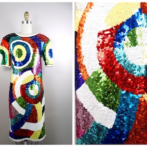 S/M Rainbow Sequin Dress / Retro Art Sequined Trophy Dress