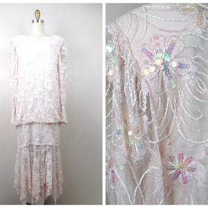 Blush Pink Lace Iridescent Sequined Dress // Mother of the Bride Sheer Beaded Lace Embellished Dress