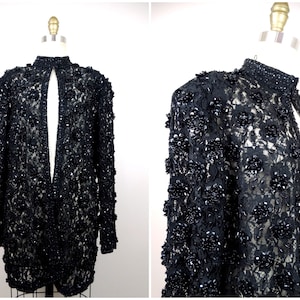 60s 70s Beaded Cluster Sequined Lace Jacket // 1960’s 1970’s Hand Embellished Sheer Evening Cardigan