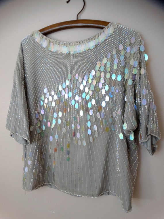 L/XL Iridescent Clear Sequin Top / Boho Glam Gray… - image 2