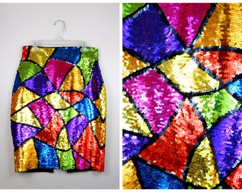 Mosaic Sequin Skirt // Stained Glass Sequined Skirt // Bright & Colorful Fully Sequined Skirt