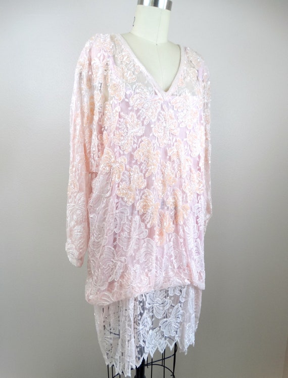 70s 80s Pink Lace Beaded Iridescent Sequined Tuni… - image 2