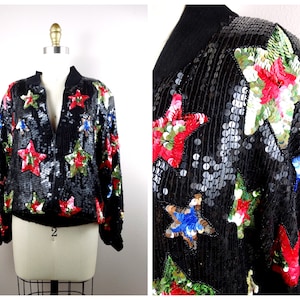 80s Sequin Star Bomber Jacket / Fully Sequined Bomber Jacket / Retro Celestial Sequin Jacket L Large