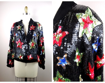 Chaqueta bomber con lentejuelas y estrellas de los 80, estilo retro celestial (L)