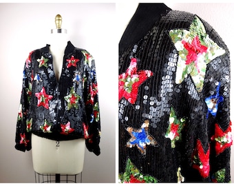 80s Star Sequin Bomber Jacket // Fully Sequined Bomber Jacket // Retro Stars Sequin Jacket L Large