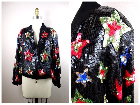 80s Star Sequin Bomber Jacket // Fully Sequined B… - image 1