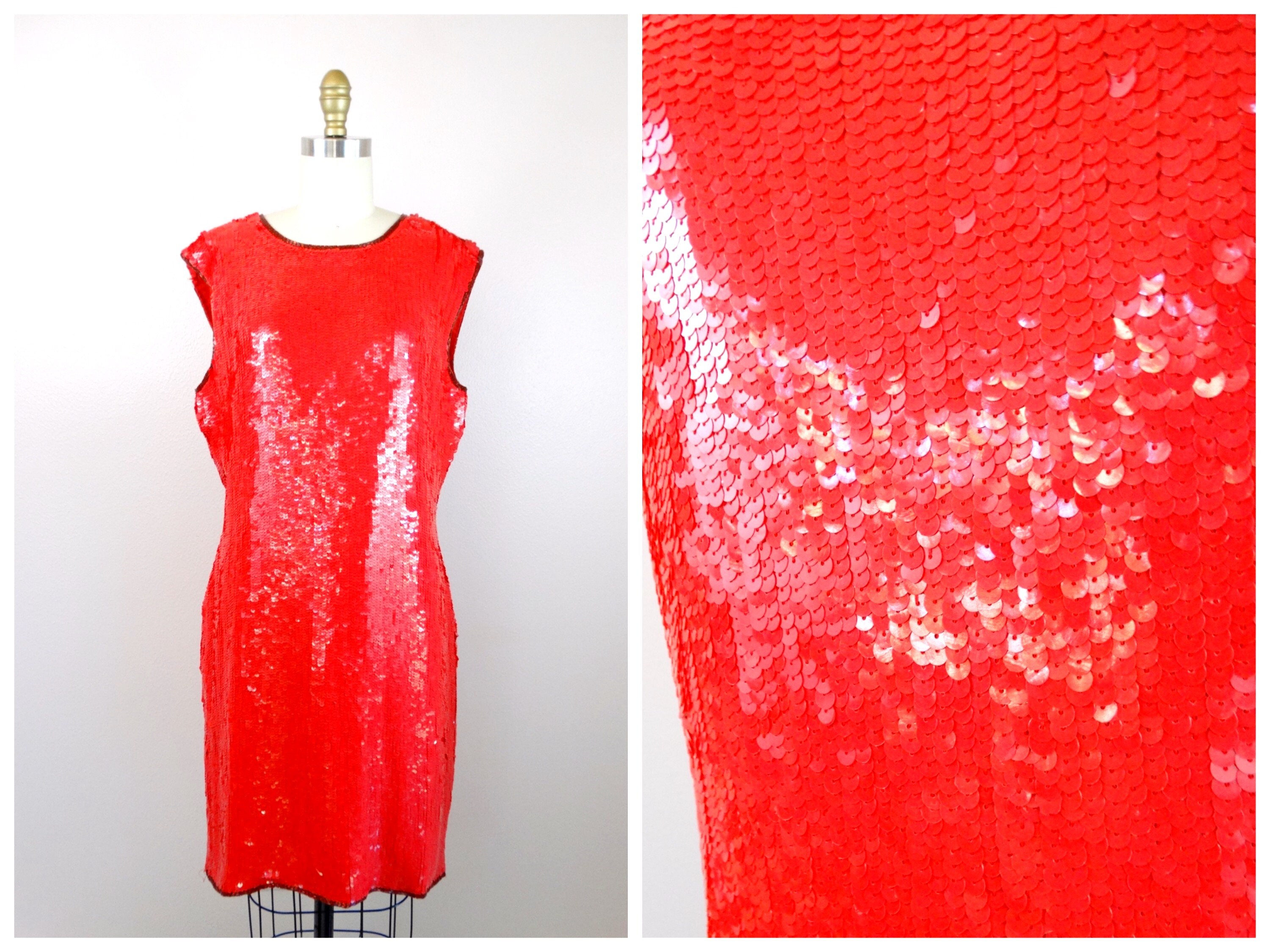 L/XL Neon Red Sequin Dress / Vintage Red Formal Dress / Bright Red Sparkly Cocktail Party Dress Large XL