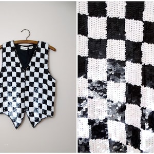 MOD Checker Sequined Vest // RETRO Black and White Checkered Vintage Sequin Vest