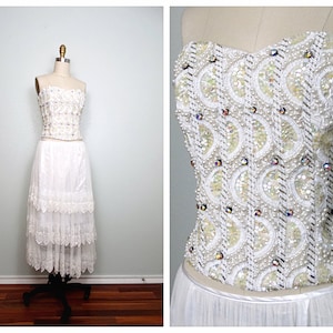 Bustier haute couture orné de sequins incrustés de cristaux / Haut de mariée bustier pailleté irisé, perles et perles avec strass
