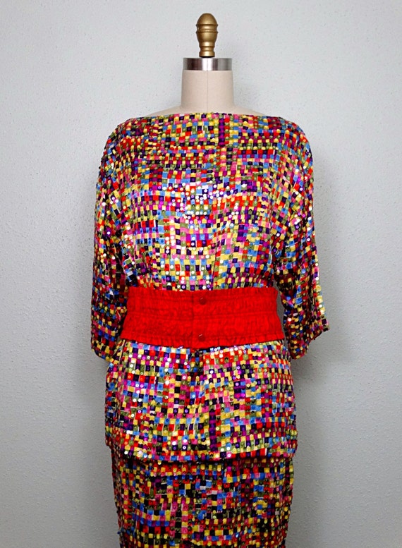 80s 90s Rainbow Sequin Grid Top / Color Block Seq… - image 3