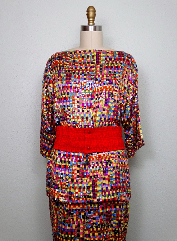 RAINBOW Grid Sequined Skirt / Colorful Colorblock… - image 3