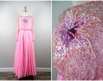 60s 70s Bubblegum Pink Sequin Gown / Bright Floral Silver Beaded Long Sleeve Flowy Dress / Chiffon Pleated Skirt Formal Dress XXS XS