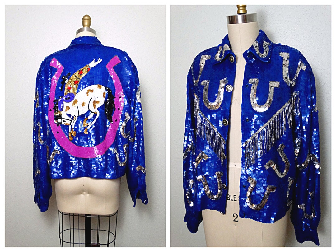 Horseshoe Sequin Fringe Beaded Jacket / Bronco Rider Bomber Jacket ...