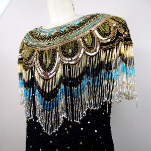 80s Gold Fringed Beaded Sequin Dress // Fringe Gatsby Flapper Dress // Gold Embellished Mini Dress image 2