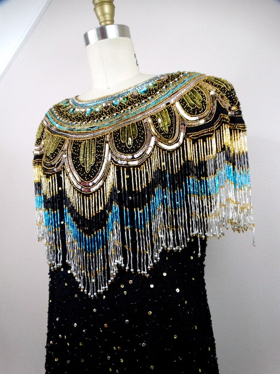 80s Gold Fringed Beaded Sequin Dress // Fringe Ga… - image 2
