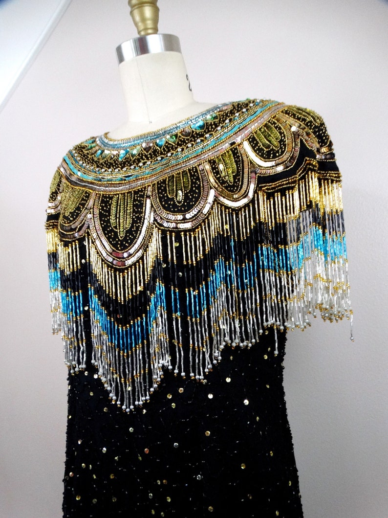 80s Gold Fringed Beaded Sequin Dress // Fringe Gatsby Flapper Dress // Gold Embellished Mini Dress image 2