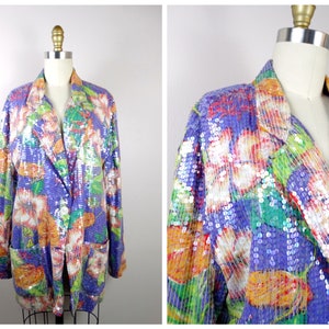 Plus Size Hawaiian Floral Sequined Blazer // Tropical Sequined Jacket // Bright Purple and Orange Clear Sequin Embellished Blazer 1x