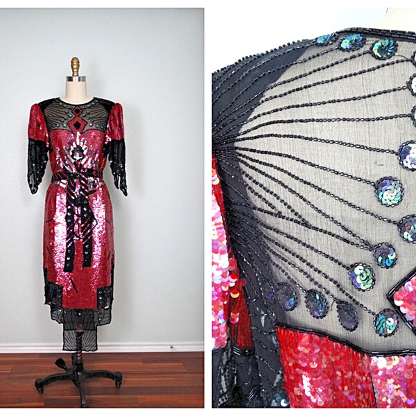 Art Deco Beaded Sequined Dress / Red & Black Geometric Sequin Flapper Dress by Judith Ann Creations