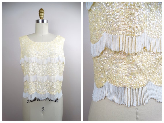 VTG Ivory Sequin White Fringe Beaded Top // 1950s… - image 1