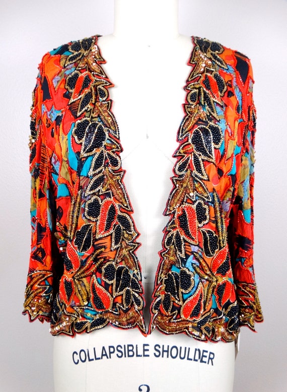 L/XL Beaded Bolero / Red Orange Teal & Gold Beade… - image 2