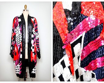 80s RARE Sequin Kaftan Duster / 1980's Glam Couture Overcoat / 80's Retro Neon Color POP Fully Beaded Long Jacket ..STUNNING!!