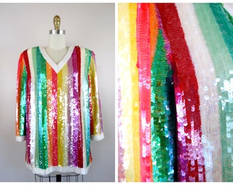 RARE Bright Sequin Top // Rainbow Striped Fully Embellished Blouse // Colorful Vintage Sequined Top Sz Medium Large