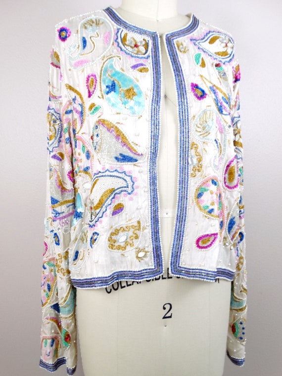 Pearl Beaded Pastel Sequin Cardigan Top / Vintage… - image 2